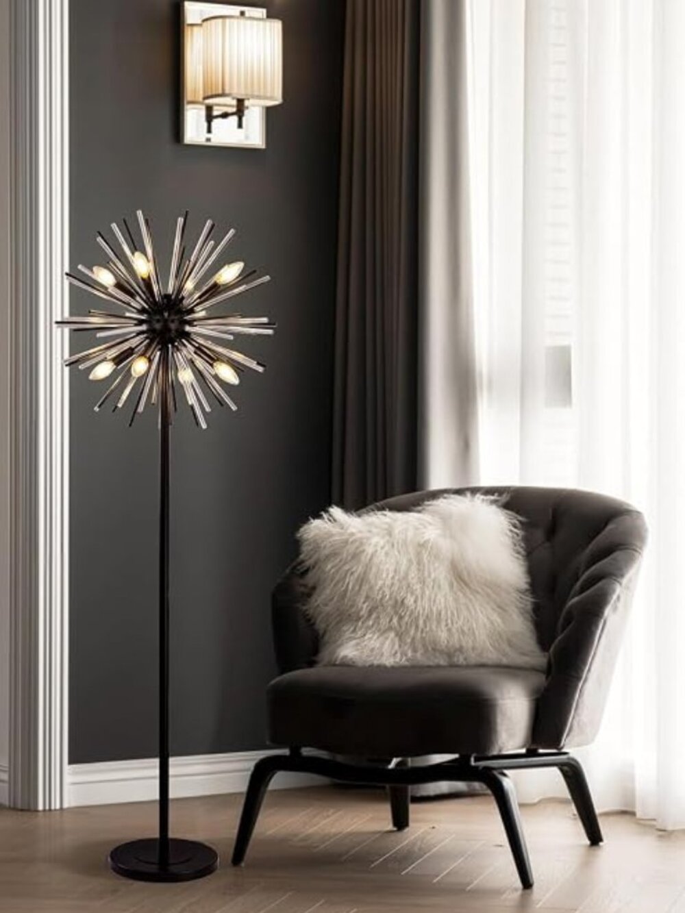 Wellmet 65.3" Black Modern Floor Lamp Globe Shade for Living Room Bedroom